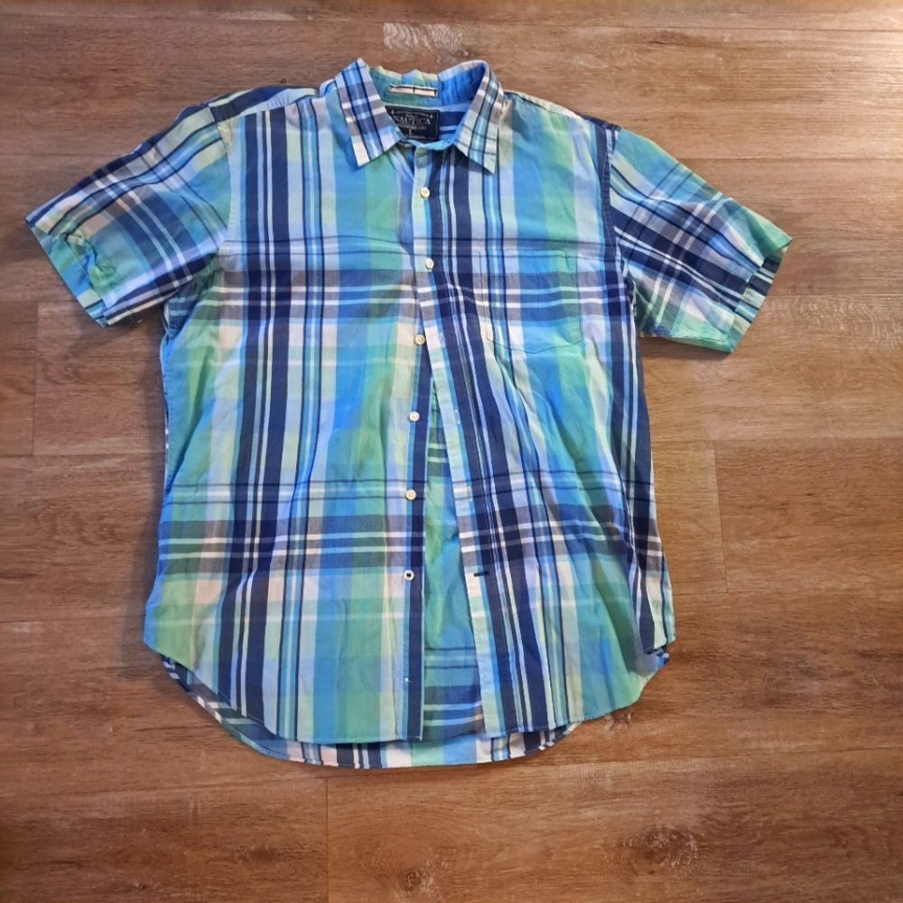 Nautica Men's Blue Plaid Button-Down Classic Cotton Shortsleeve Shirt Size Large
